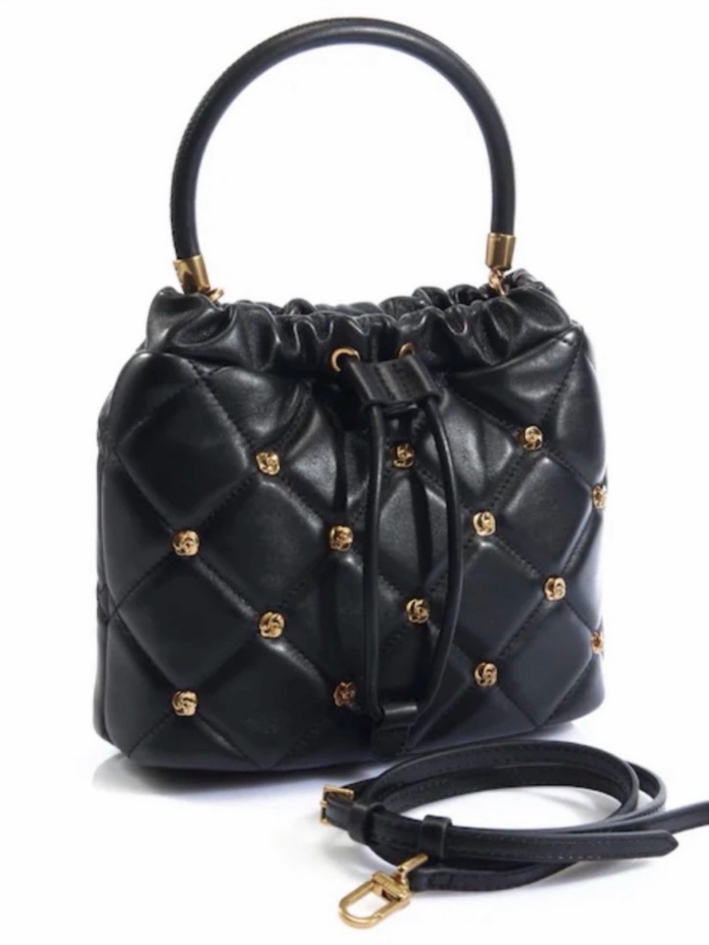 Ted Baker Emily Rosette Black Leather Drawstring Bucket Bag